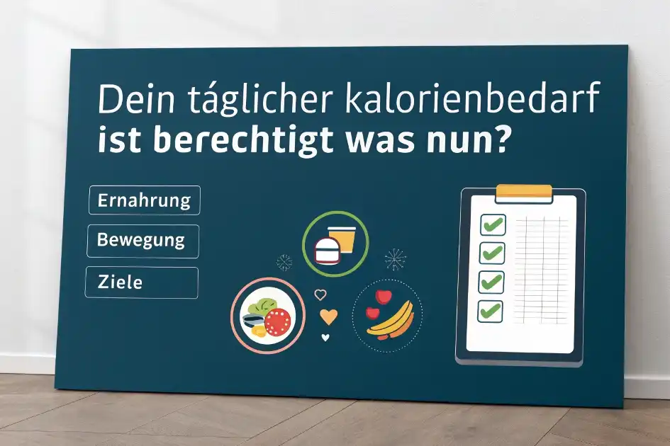 Was tun nach der Kalorienberechnung – Grafik mit Checkliste und Fitnesssymbolen.